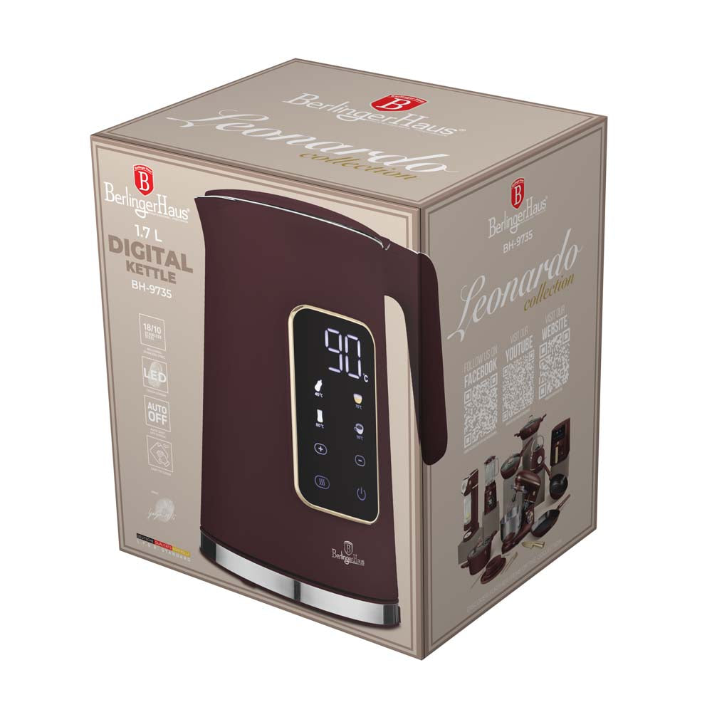 Bouilloire Électrique Numérique BerlingerHaus Mat Bordeaux - Réglage de température - 1,7 litre - 2200W