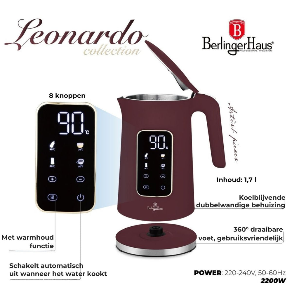 Bouilloire Électrique Numérique BerlingerHaus Mat Bordeaux - Réglage de température - 1,7 litre - 2200W