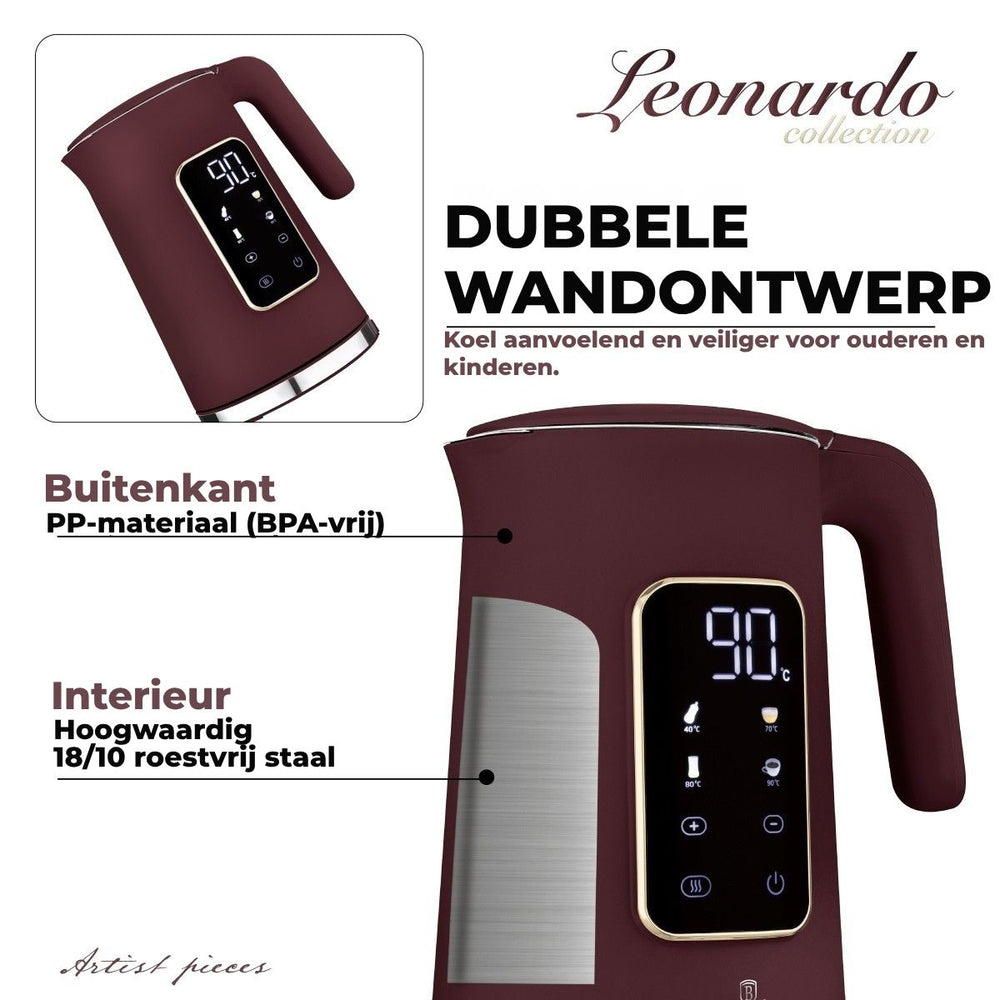 Bouilloire Électrique Numérique BerlingerHaus Mat Bordeaux - Réglage de température - 1,7 litre - 2200W