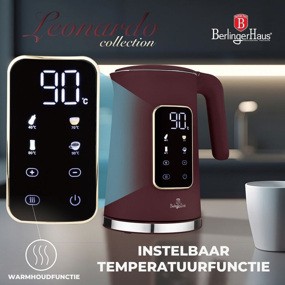Bouilloire Électrique Numérique BerlingerHaus Mat Bordeaux - Réglage de température - 1,7 litre - 2200W