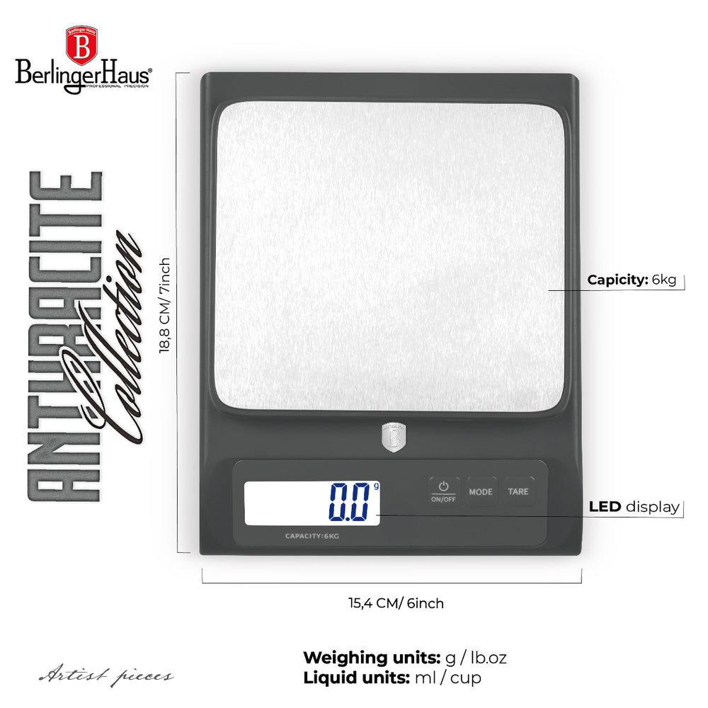 Balance de cuisine numérique BerlingerHaus anthracite - Capacité maximale de 6 kg