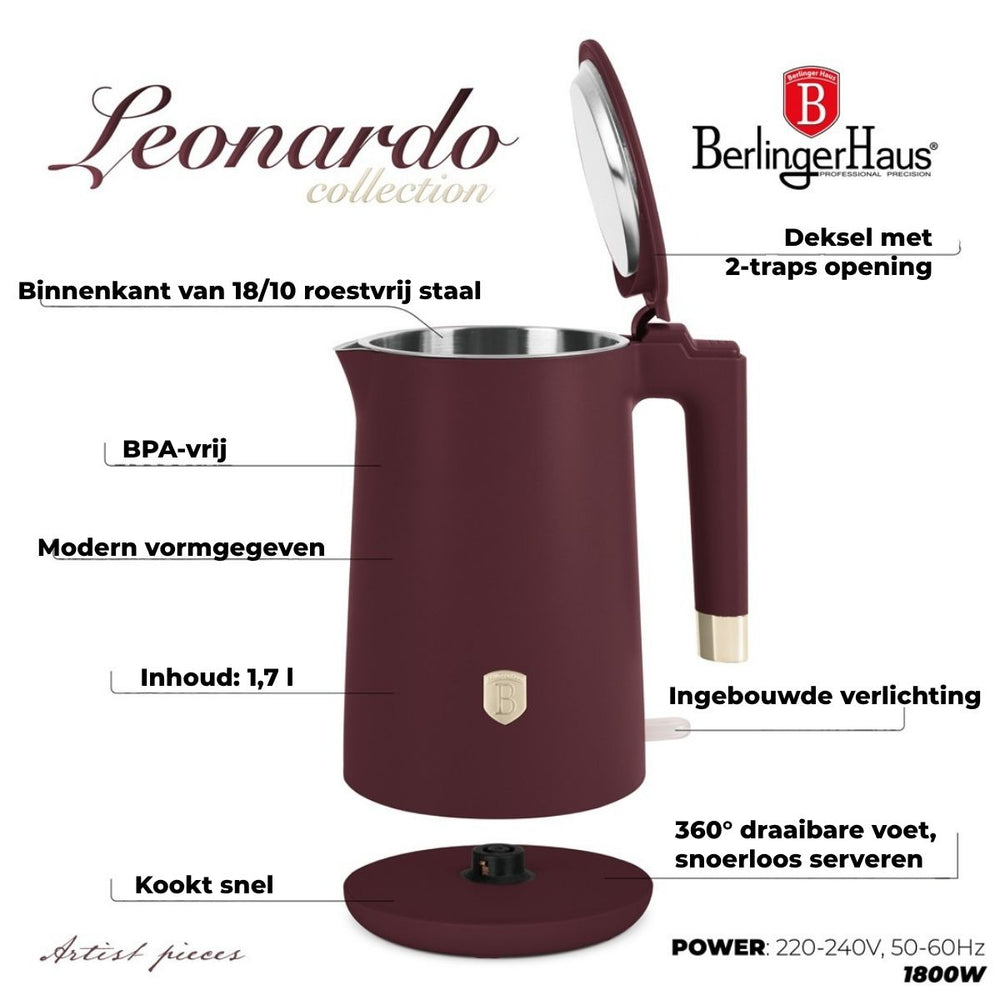 Bouilloire Électrique BerlingerHaus Double Paroi Mat Bordeaux - 1,7 L - 1800W