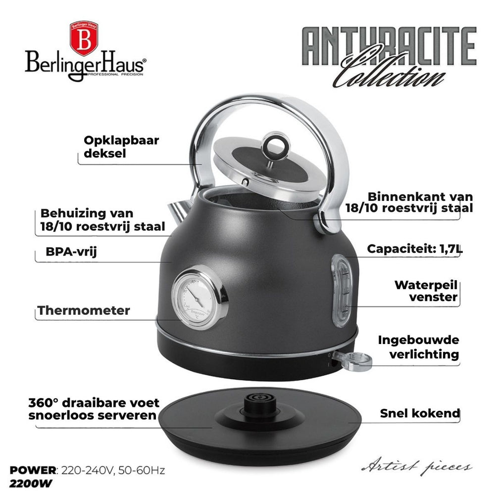Bouilloire Électrique BerlingerHaus Mat Anthracite - avec Thermomètre - 1,7 L - 2200W
