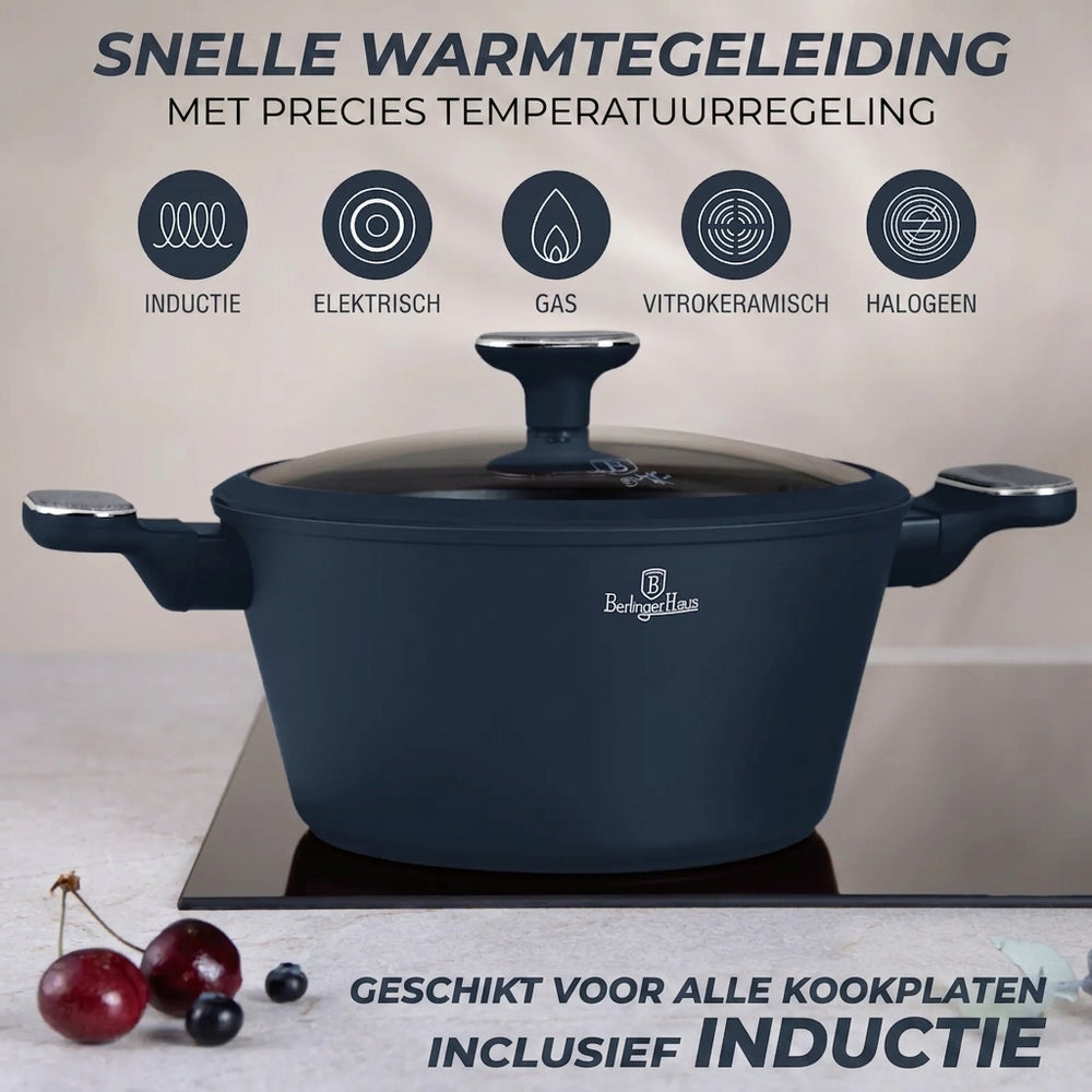 Ensemble de Casseroles BerlingerHaus 11 Pièces Bleu Mat - Casseroles ø 16, 20, 24, 28 cm & Poêles ø 24, 28 cm - Tous Feux Dont Induction
