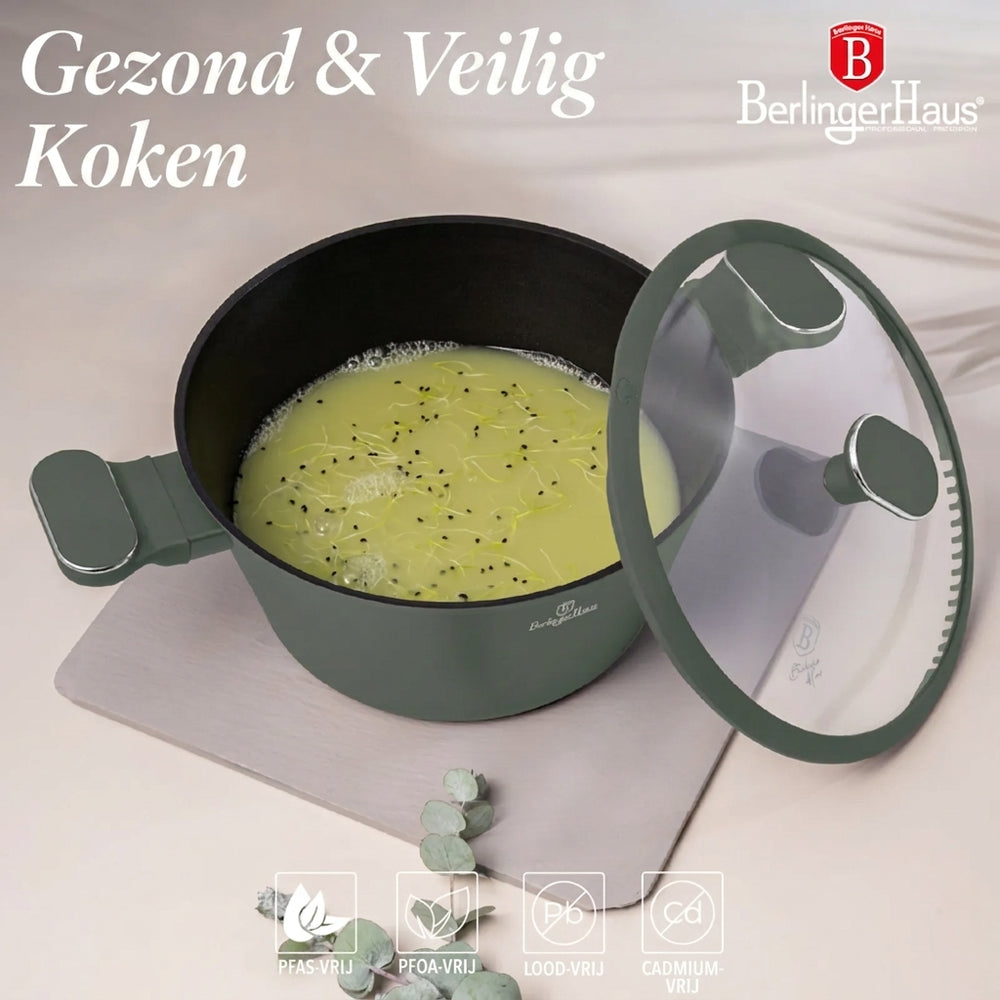 Ensemble de Casseroles BerlingerHaus 11 Pièces Vert Mat - Casseroles ø 16, 20, 24, 28 cm & Poêles ø 24, 28 cm - Tous Feux Dont Induction