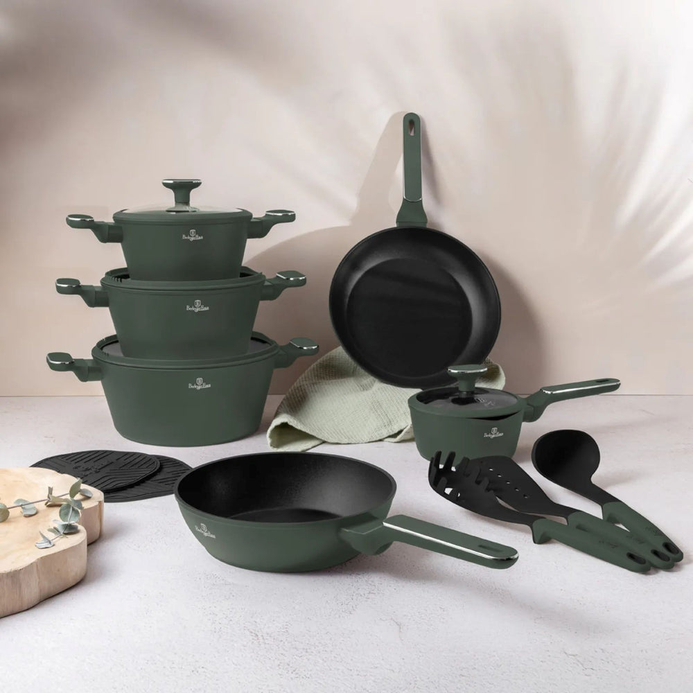 Ensemble de Casseroles BerlingerHaus 11 Pièces Vert Mat - Casseroles ø 16, 20, 24, 28 cm & Poêles ø 24, 28 cm - Tous Feux Dont Induction