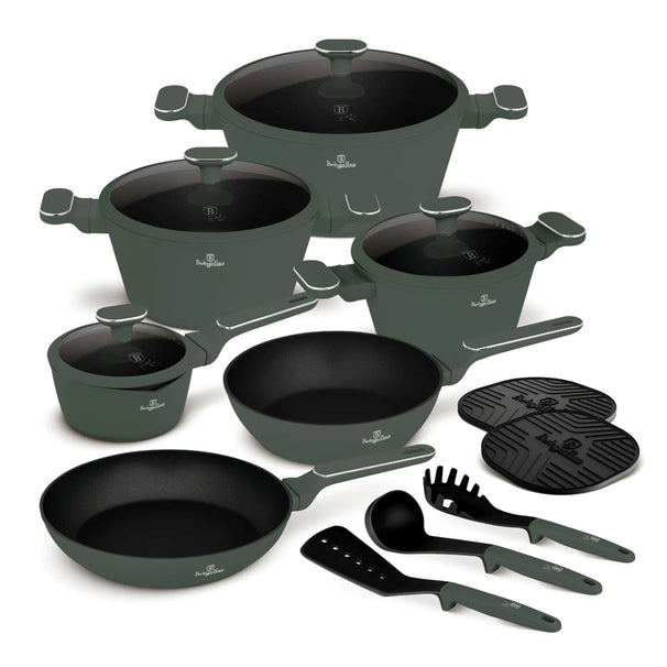 Ensemble de Casseroles BerlingerHaus 11 Pièces Vert Mat - Casseroles ø 16, 20, 24, 28 cm & Poêles ø 24, 28 cm - Tous Feux Dont Induction