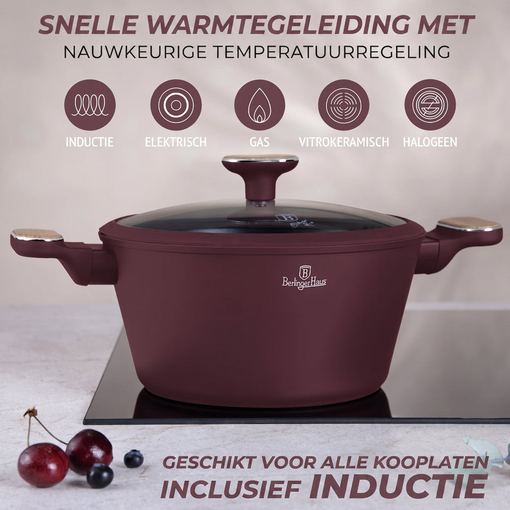 Ensemble de Casseroles BerlingerHaus Nordic 11 Pièces Bordeaux Mat - Casseroles ø 16, 20, 24, 28 cm & Poêles ø 24, 28 cm - Tous Feux Dont Induction