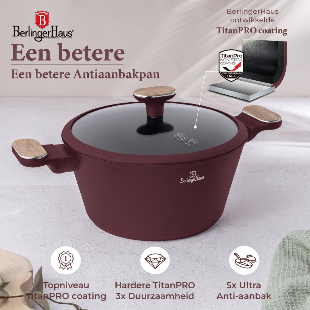 Ensemble de Casseroles BerlingerHaus Nordic 11 Pièces Bordeaux Mat - Casseroles ø 16, 20, 24, 28 cm & Poêles ø 24, 28 cm - Tous Feux Dont Induction