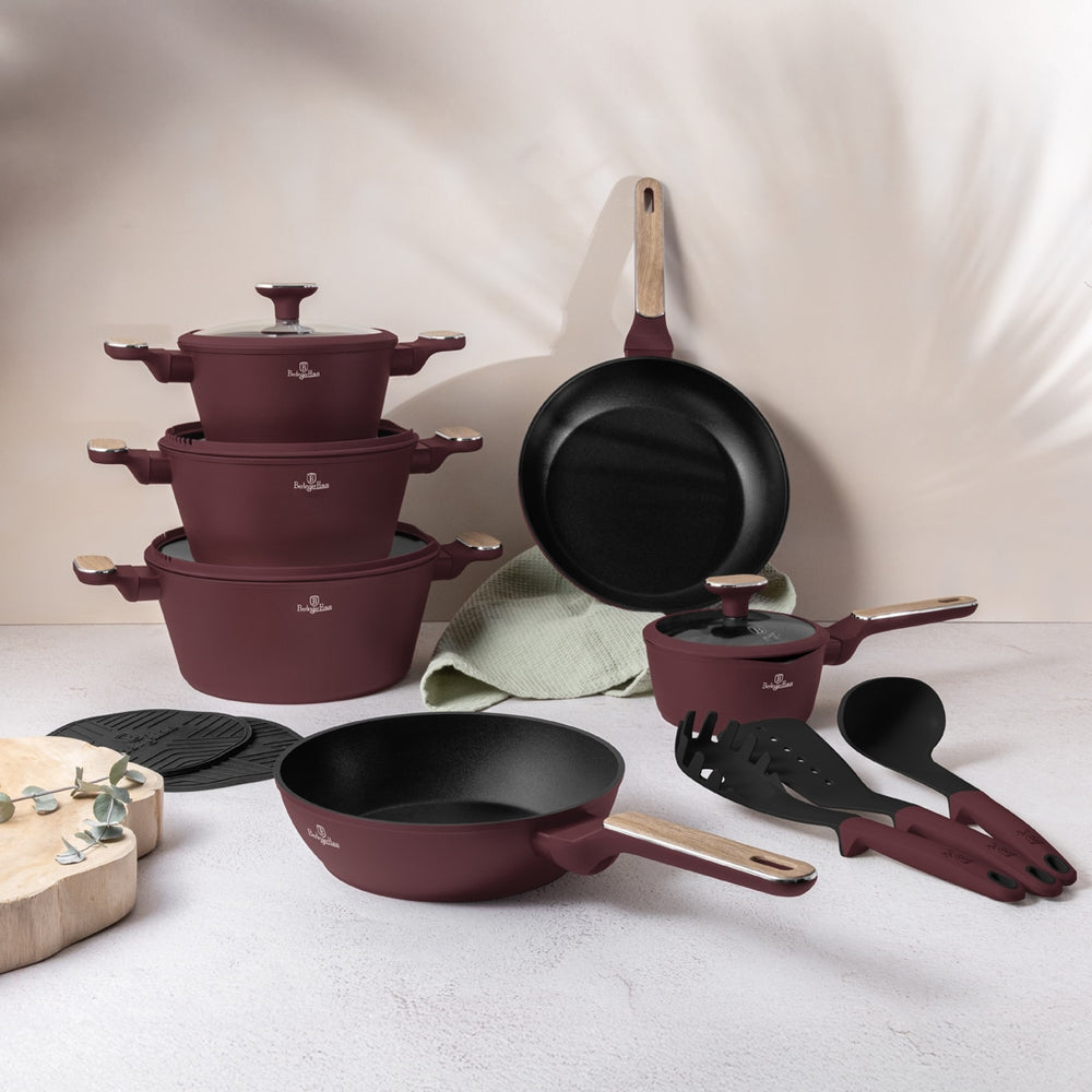 Ensemble de Casseroles BerlingerHaus Nordic 11 Pièces Bordeaux Mat - Casseroles ø 16, 20, 24, 28 cm & Poêles ø 24, 28 cm - Tous Feux Dont Induction