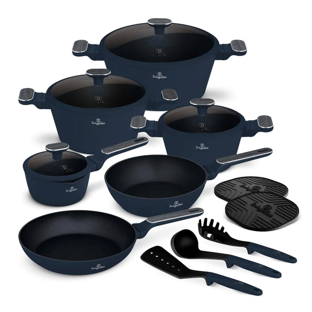 Ensemble de Casseroles BerlingerHaus 11 Pièces Bleu Mat - Casseroles ø 16, 20, 24, 28 cm & Poêles ø 24, 28 cm - Tous Feux Dont Induction