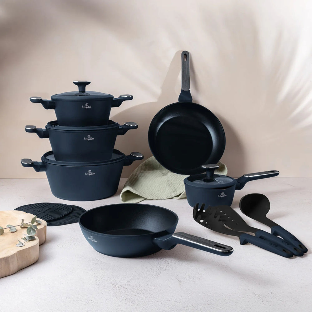 Ensemble de Casseroles BerlingerHaus 11 Pièces Bleu Mat - Casseroles ø 16, 20, 24, 28 cm & Poêles ø 24, 28 cm - Tous Feux Dont Induction