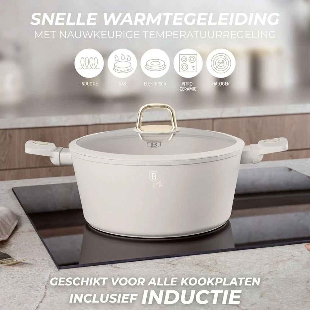 Ensemble de Casseroles BerlingerHaus 11 Pièces Crème Mat - Casseroles ø 16, 20, 24, 28 cm & Poêles ø 24, 28 cm - Tous Feux Dont Induction