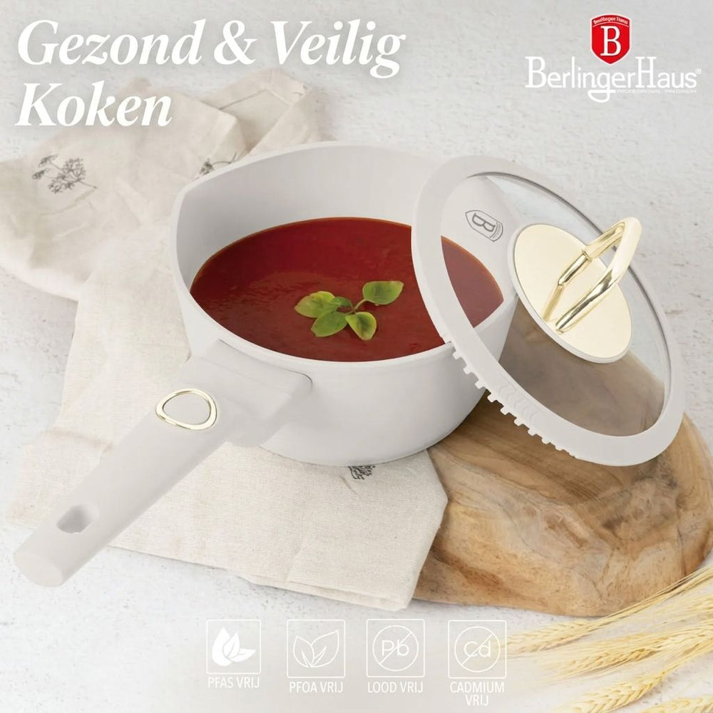 Ensemble de Casseroles BerlingerHaus 11 Pièces Crème Mat - Casseroles ø 16, 20, 24, 28 cm & Poêles ø 24, 28 cm - Tous Feux Dont Induction
