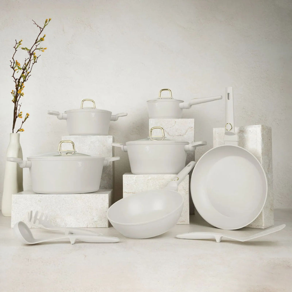 Ensemble de Casseroles BerlingerHaus 11 Pièces Crème Mat - Casseroles ø 16, 20, 24, 28 cm & Poêles ø 24, 28 cm - Tous Feux Dont Induction
