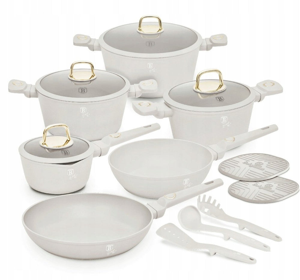Batterie de cuisine Berlinger Haus Mat Crème 11 pièces - Casserole ø 20, 24, 28 cm, Poêle ø 24, 28 cm & Petite casserole ø 16 cm - Convient à toutes les sources de chaleur