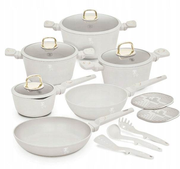 Ensemble de Casseroles BerlingerHaus 11 Pièces Crème Mat - Casseroles ø 16, 20, 24, 28 cm & Poêles ø 24, 28 cm - Tous Feux Dont Induction