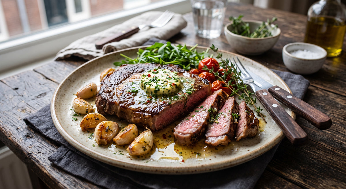 Steak juteux à la poêle, cuit exactement comme il faut.