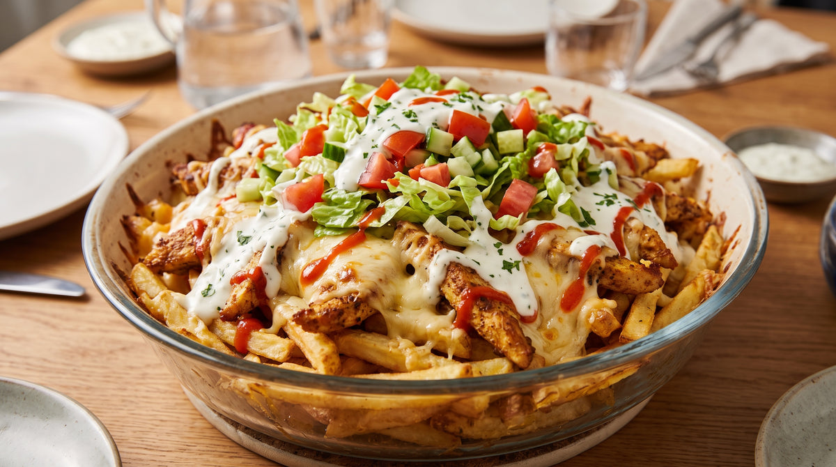 Frites, poulet shoarma, fromage fondant, salade fraîche et sauces piquantes