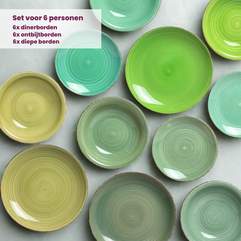 Service de vaisselle Cookinglife Delice Vert 18 pièces / 6 personnes - 6 Assiette plates, 6 assiettes creuses en 6 assiettes à petit-déjeuner