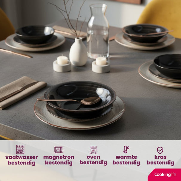 Ensemble de vaisselle Cookinglife - Delice Gris - 18 pièces / 6 personnes - 6 assiettes plates, 6 assiettes creuses et 6 assiettes à dessert