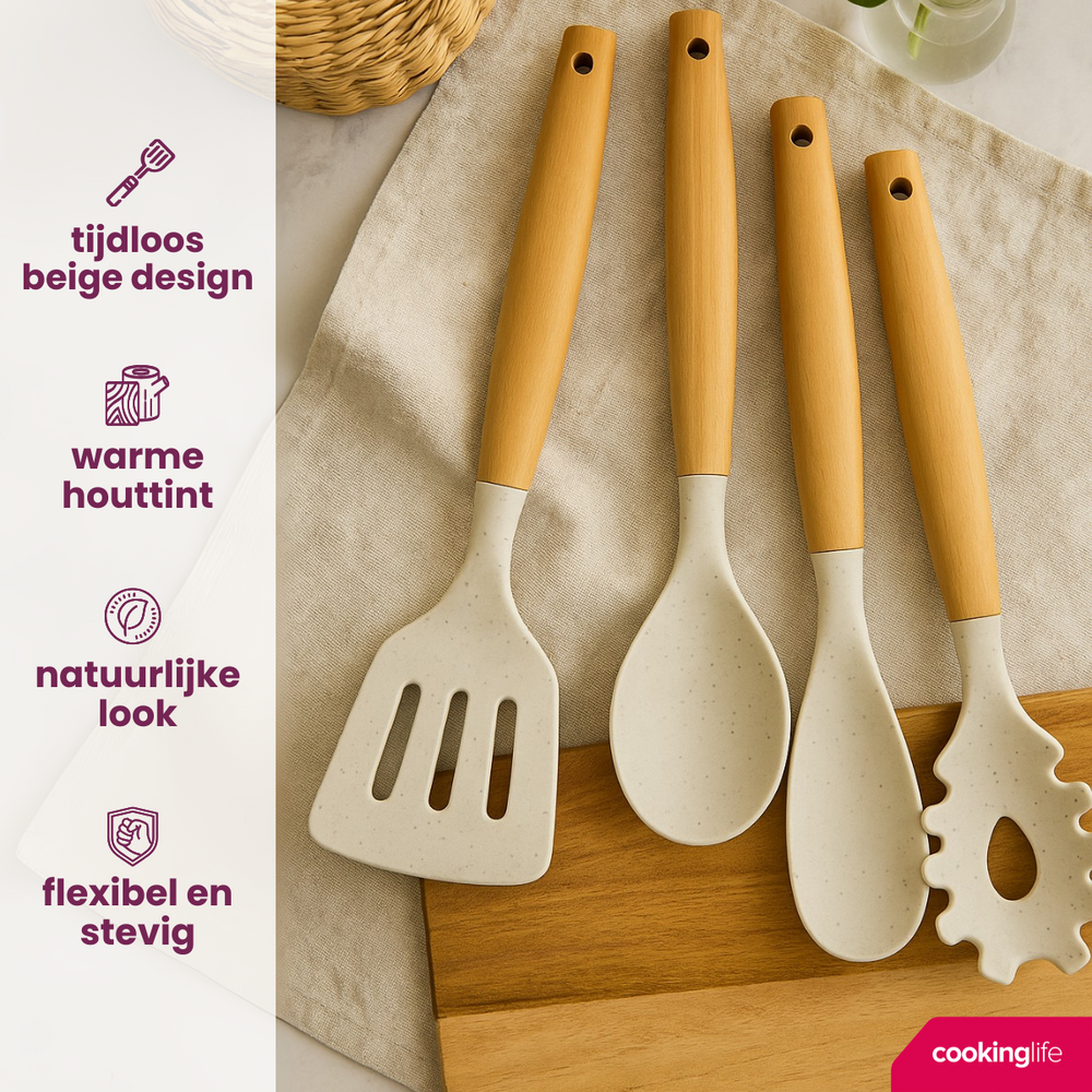 Set de cuisine Cookinglife - Ustensiles cuisson - en silicone et bois - 4 pièces