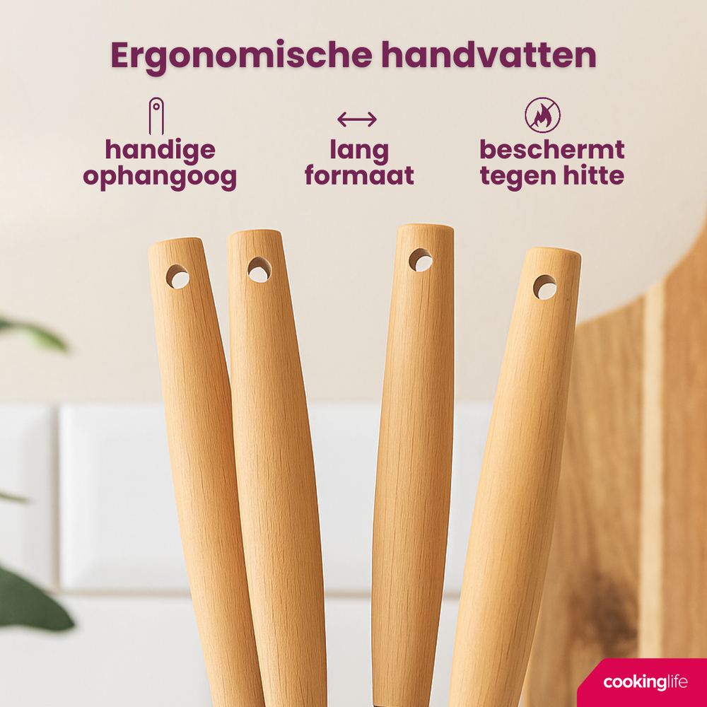 Set de cuisine Cookinglife - Ustensiles cuisson - en silicone et bois - 4 pièces
