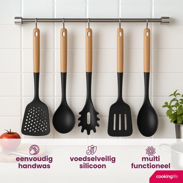 Ensemble d'ustensiles de cuisine Cookinglife - Ensemble de cuisson - bois noir 5 pièces - Ecumoire, louche, cuillère à spaghetti, spatule & cuillère de service