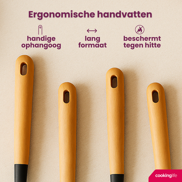 Set de spatules Cookinglife - en bois et en silicone - Noir - 32-36cm - 4 pièces
