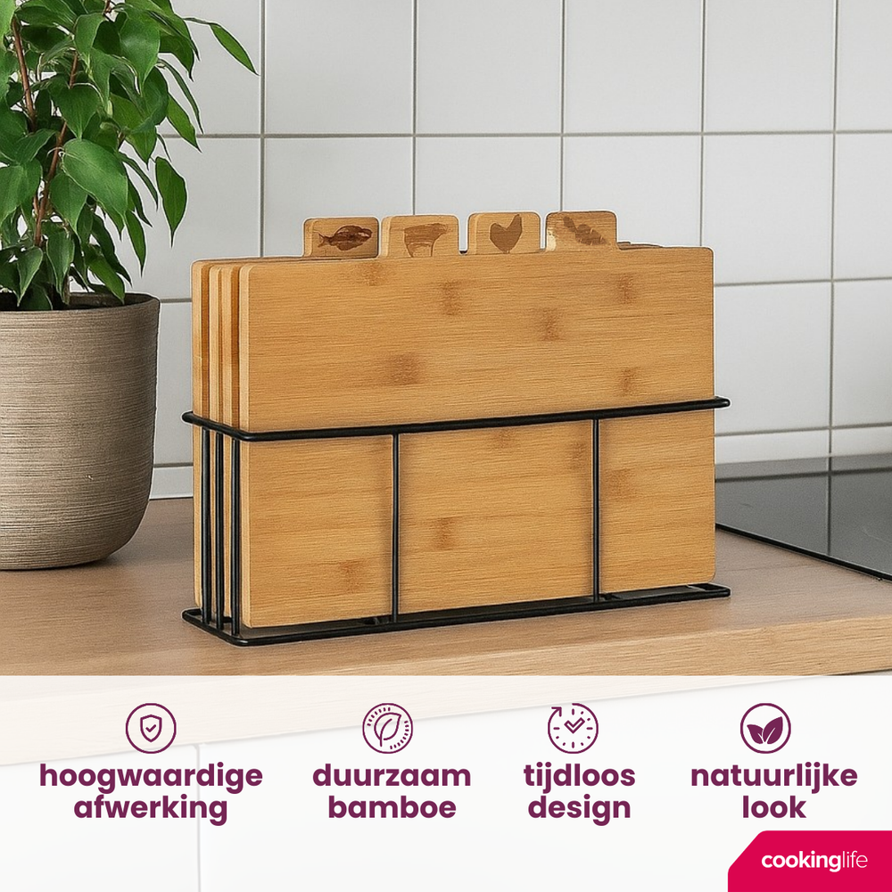 Set de planches à découper Cookinglife - en bambou - support en fer - 5 pièces