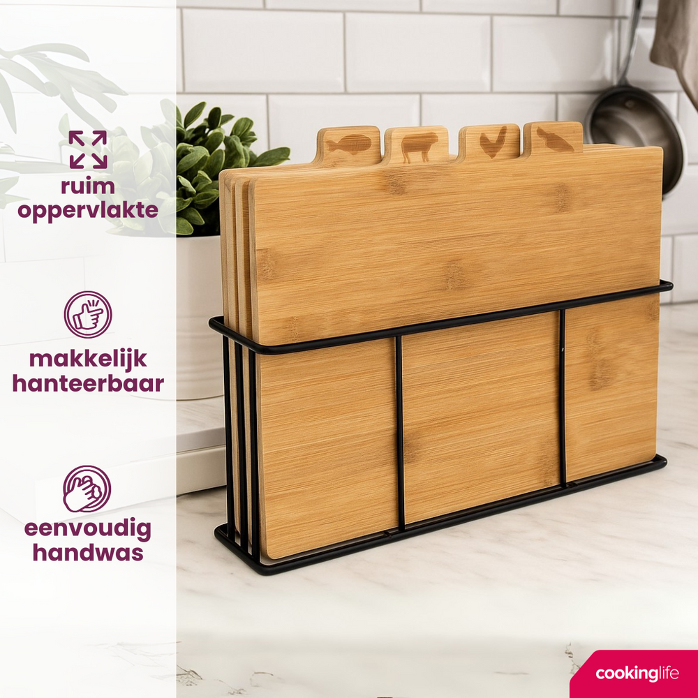 Set de planches à découper Cookinglife - en bambou - support en fer - 5 pièces