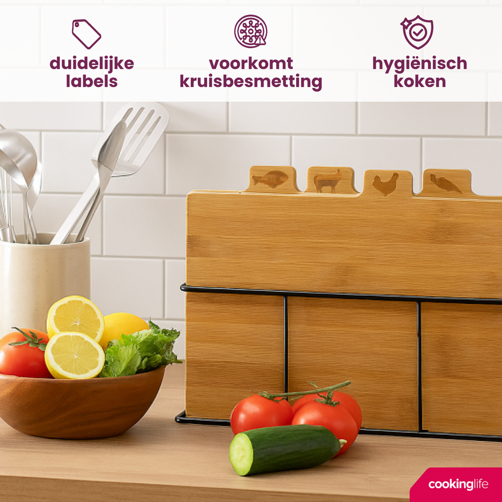 Set de planches à découper Cookinglife - en bambou - support en fer - 5 pièces