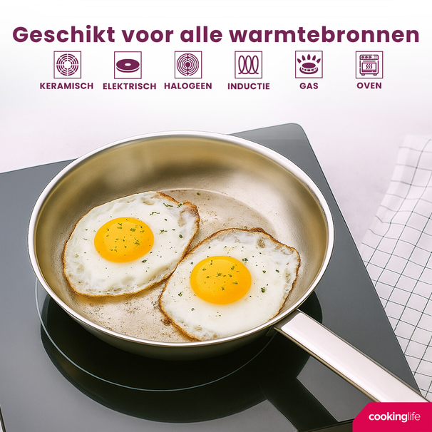 Ensemble de poêles Cookinglife Superior Triply Inox 3 pièces - ø 20, 24 & 28 cm - compatible avec toutes les plaques de cuisson - sans revêtement antiadhésif