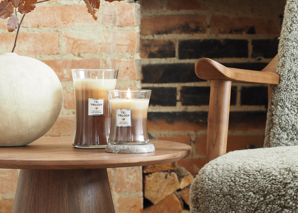 Bougie parfumée WoodWick - en verre - Mèche en bois - Trilogy - 11 cm