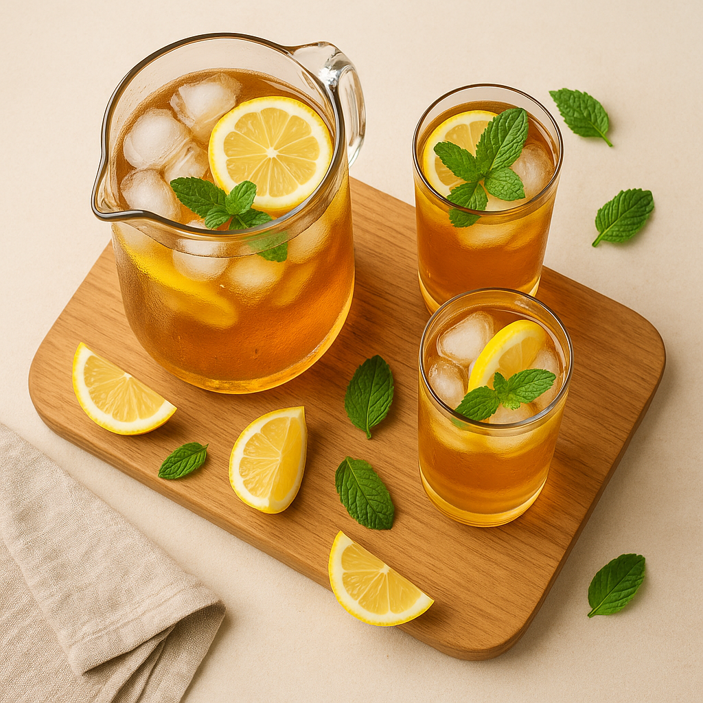 Un thé glacé frais et légèrement sucré à base de thé noir, citron, orange et menthe. Idéal à préparer à l'avance et à servir bien frais.