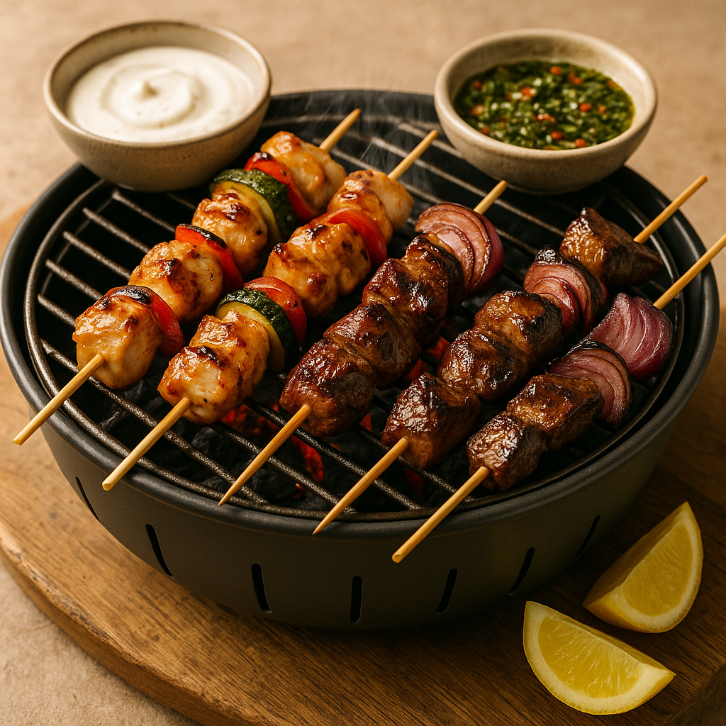 Cuisse de poulet juteuse et tendres lamelles de bœuf sur des brochettes séparées, marinées au citron-ail et aux herbes méditerranéennes. Faites bien cuire le poulet et gardez le bœuf rosé — chacun obtient des brochettes parfaitement grillées en une seule session.