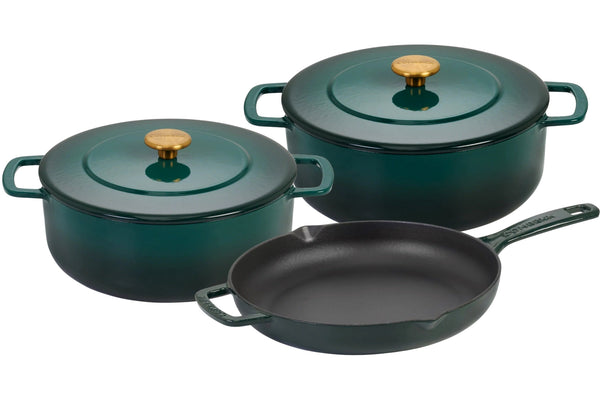 Combekk Batterie de cuisine en fonte Holly Green 3 pièces - Cocotte ø 24, 28 cm & Poêle ø 26 cm