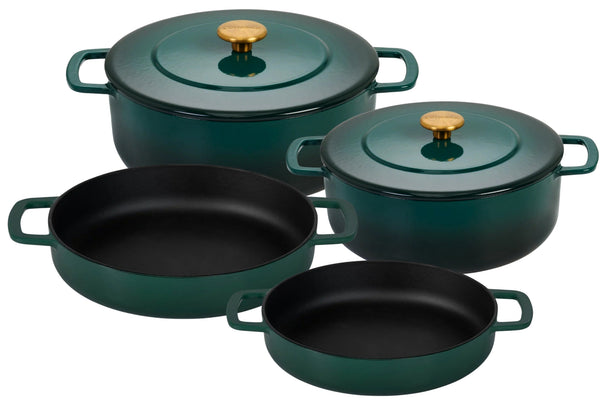 Combekk Batterie de cuisine en fonte Holly Green 4 pièces - Cocotte ø 24, 28 cm & Poêle ø 24, 28 cm