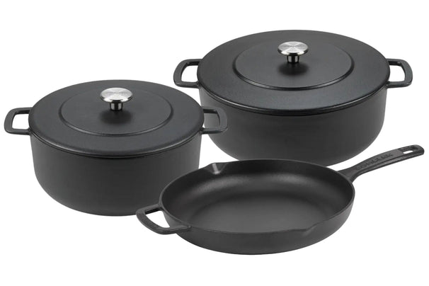 Combekk Batterie de cuisine Fonte Noire 3 pièces - Cocotte ø 24, 28 cm & Poêle ø 26 cm