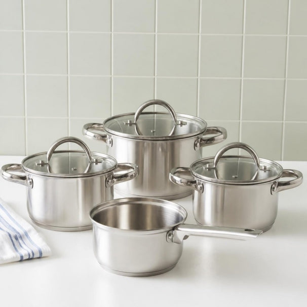 Batterie de cuisine 4 pièces inox - Casserole ø 16, 18, 20 cm & Casserole ø 16 cm - compatible avec toutes les sources de chaleur