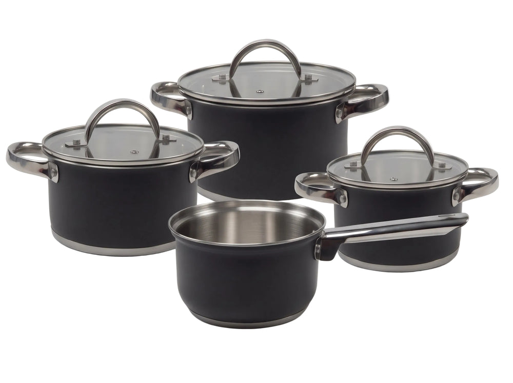 Batterie de cuisine Cooking noire 4 pièces inox - Casserole ø 16, 18, 20 cm & Casserole ø 16 cm - compatible avec toutes les sources de chaleur