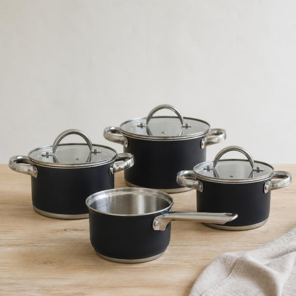 Batterie de cuisine Cooking noire 4 pièces inox - Casserole ø 16, 18, 20 cm & Casserole ø 16 cm - compatible avec toutes les sources de chaleur