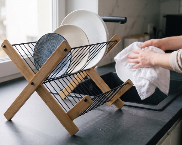 Égouttoir Cookinglife Pliable - Métal Noir & Bambou