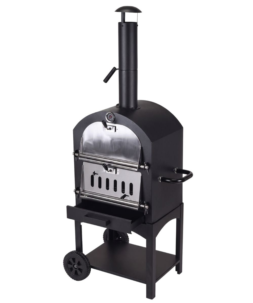 Cookinglife Barbecue au charbon de bois four à pizza Fire & Flavour - 156 cm de haut - Inclus pierre à pizza & grilles - Noir