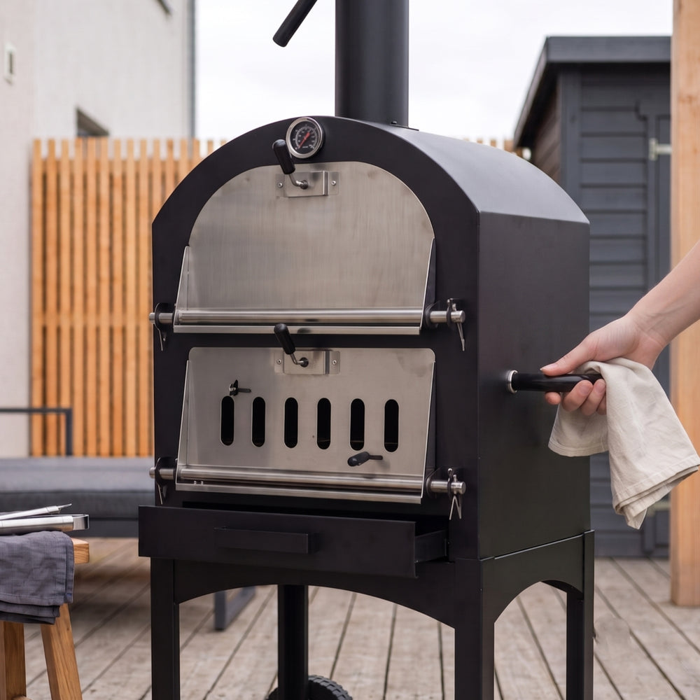 Cookinglife Barbecue au charbon de bois four à pizza Fire & Flavour - 156 cm de haut - Inclus pierre à pizza & grilles - Noir