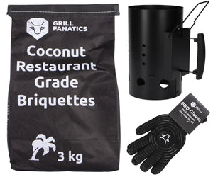 Cookinglife Brikettenstarter Set BBQ - Avec 3 kg de briquettes en noix de coco et des gants