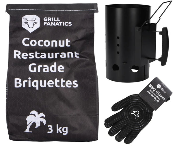 Cookinglife Brikettenstarter Set BBQ - Avec 3 kg de briquettes en noix de coco et des gants