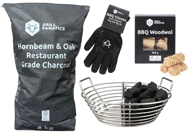 Cookinglife Grill Charcoal Startersset - Charbon de bois 8kg (Charme/Chêne), Panier à charbon & Gants