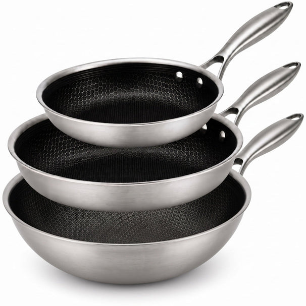 Batterie de cuisine Cookinglife HexaCook Hybride 3 pièces - poêle ø 24 & 28 cm + Wok ø 28 cm - ANTI-ADHÉSIF - compatible avec toutes les sources de chaleur - revêtement antiadhésif en céramique