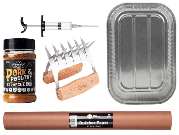 Cookinglife Set de pulled pork BBQ-Kit 5 pièces - Fire & Flavour - Griffes à viande, injecteur & rub